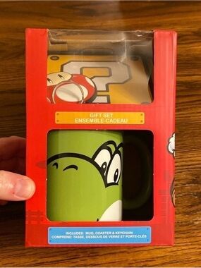 Nintendo Super Mario Yoshi Mug Question Block Coaster Keychain Set NIB